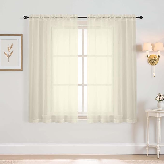 Cream Window Sheer Curtains 45 Inches Length, Voile Short Curtains for Living Room Bedroom, Modern Soft Window Drapes 2 Panels Set, Top Dual Rod Pocket Design, 2x42Wx45L Inches
