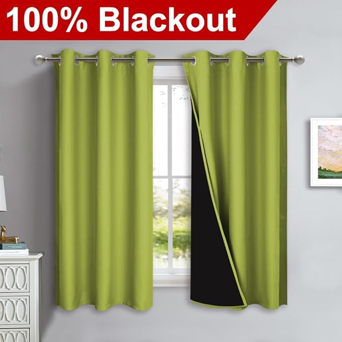 NICETOWN 100% Blackout Curtains 45 inches Long, Fresh Green, 1 Pair, 42 inches Width Each Panel, 2 Thick Layers Completely Blackout Window Treatment Thermal Insulated Lined Drapes for Small Window
