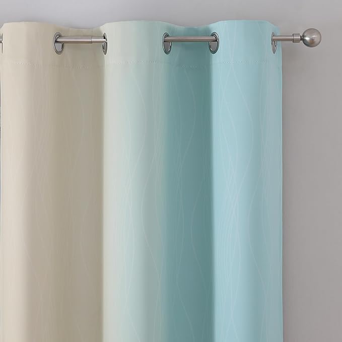 Estelar Textiler Aqua and Beige Room Darkening Blackout Curtains 84 Inch Length 2 Panels Set for Living Room, Thermal Insulated Ombre Light Blocking Grommet Blackout Drapes for Bedroom, 42Wx84L