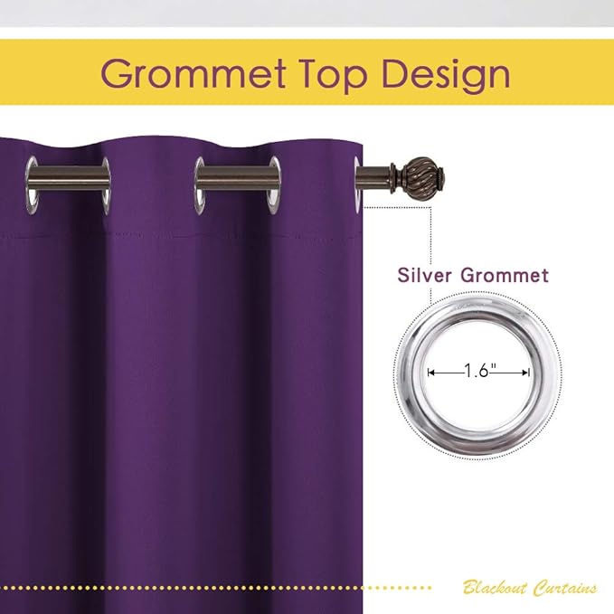 NICETOWN Blackout Window Curtains 70" L, 2 Panels, 34 inch, Royal Purple, Grommet Top Room Darkening Thermal Insulated Vertical Window Drapes Modern for Flat/Apartment