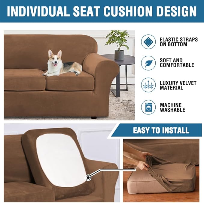 H.VERSAILTEX Rich Velvet Stretch 2 Piece Cover Chair Slipcover Sofa Cover Furniture Protector Couch Soft with Elastic Bottom Chair Couch Cover with Arms Width Up to 49 Inch(Chair, Caramel)