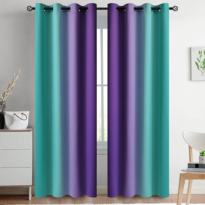 Yakamok Ombre Teal and Purple Curtains for Bedroom, Gradient Room Darkening Curtains 84 inches long,Grommet Thermal Insulated Light Blocking Window Drapes/Curtain for Living Room,52 x 84 Inch,2 Panels