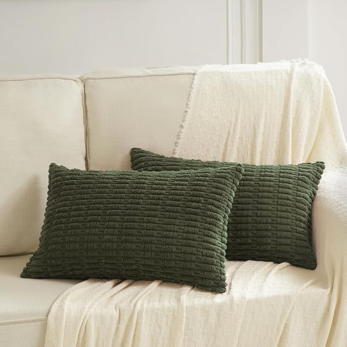 Fancy Homi 4 Packs Boho Olive Green Decorative Throw Pillow Covers 14x24 Inch for Couch Bed Sofa, Rustic Modern Farmhouse Home Decor, Soft Plush Corduroy Cute Square Cushion Case 35x60 cm