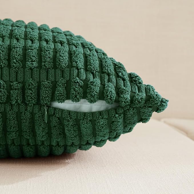 Fancy Homi Set of 4 Dark Green Boho Decorative Throw Pillow Covers 24x24 Inch for Couch Bed Sofa, Aesthetic Modern Bohemian Room Decor, Soft Fuzzy Fluffy Cozy Corduroy Textured Cushion Case 60x60cm