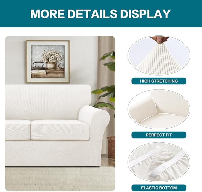 Turquoize 4 Piece Sofa Covers for 3 Cushion Couch Sofa Slipcover Soft Couch Cover for Dogs Washable Furniture Cover with 3 Individual Large Cushion Covers Feature Fabric (Large Sofa, Porcelain)