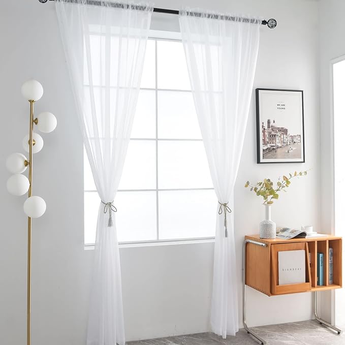 SpaceDresser Basic Rod Pocket Sheer Voile Window Curtain Panels White 1 Pair 2 Panels 70 Width 95 Inch Long for Kitchen Bedroom Children Living Room Yard(White,70 W x 96 L)