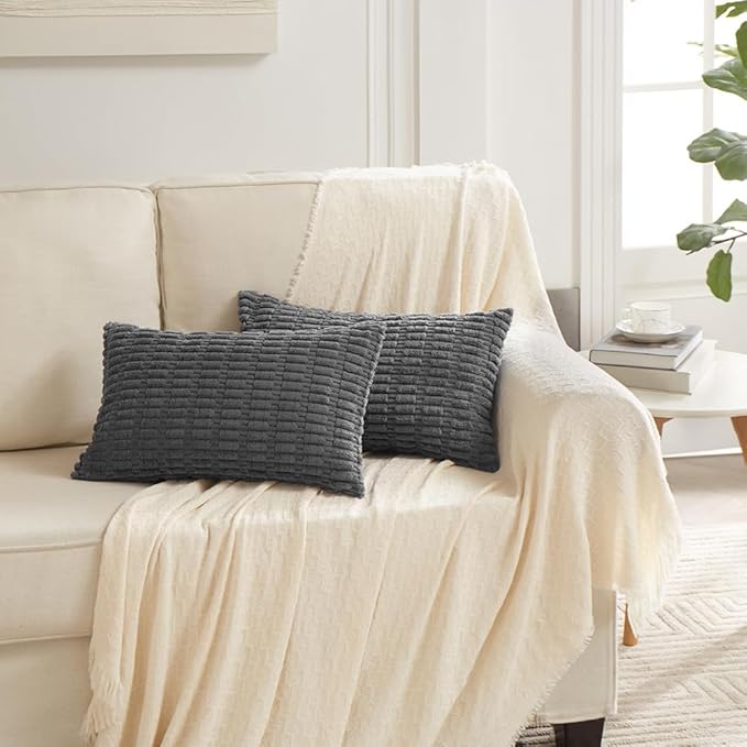 Fancy Homi 4 Packs Dark Grey Decorative Throw Pillow Covers 14x24 Inch for Couch Bed, Rustic Modern Farmhouse Boho Home Decor, Soft Plush Corduroy Gray Cute Square Accent Cushion Case 35x60 cm