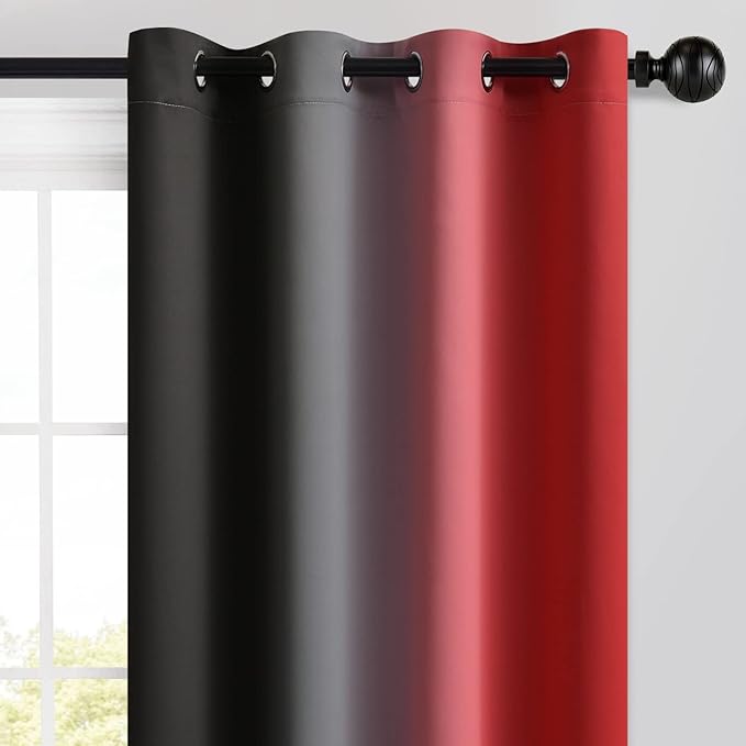 Yakamok Red and Black Blackout Curtains, Ombre Room Darkening Window Curtains for Living Room,Grommet Thermal Insulated Drapes,Light Blocking Curtains for Girls Bedroom,52x54 Inch, 2 Panels