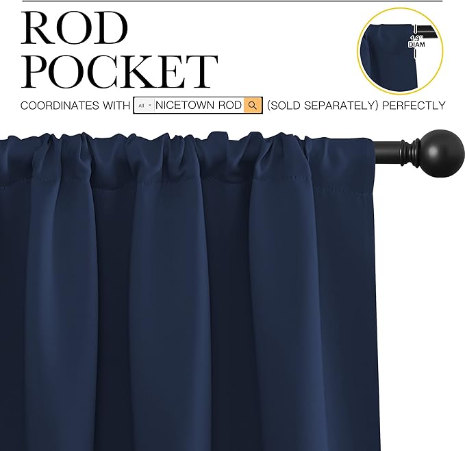 NICETOWN RV Blackout Curtains for Camper Windows, Kitchen Curtains, Short Blackout Drapes, Thermal Insulated Rod Pocket Window Treatment Draperies for Nursery (Navy, 42" x 36", Set of 2)