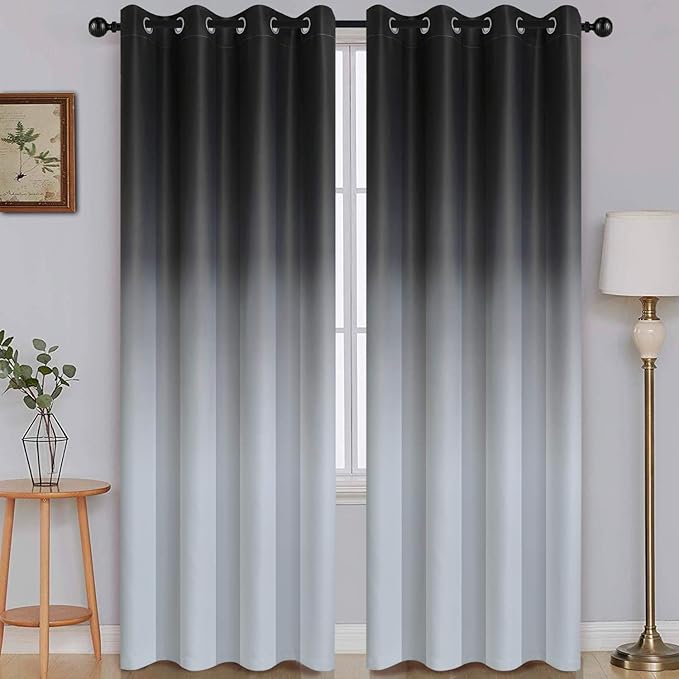 SimpleHome Ombre Room Darkening Curtains for Bedroom, Gradient Black to Grey White Light Blocking Thermal Insulated Grommet Window Curtains/Drapes for Living Room,2 Panels, 52x84 inches Length