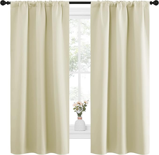 NICETOWN Bedroom Curtains for Kids Room, Window Treatment Thermal Insulated Solid Room Darkening Drape Panels for Girls Room (Beige, Set of 2, 34 inches Width by 63 inches Length)