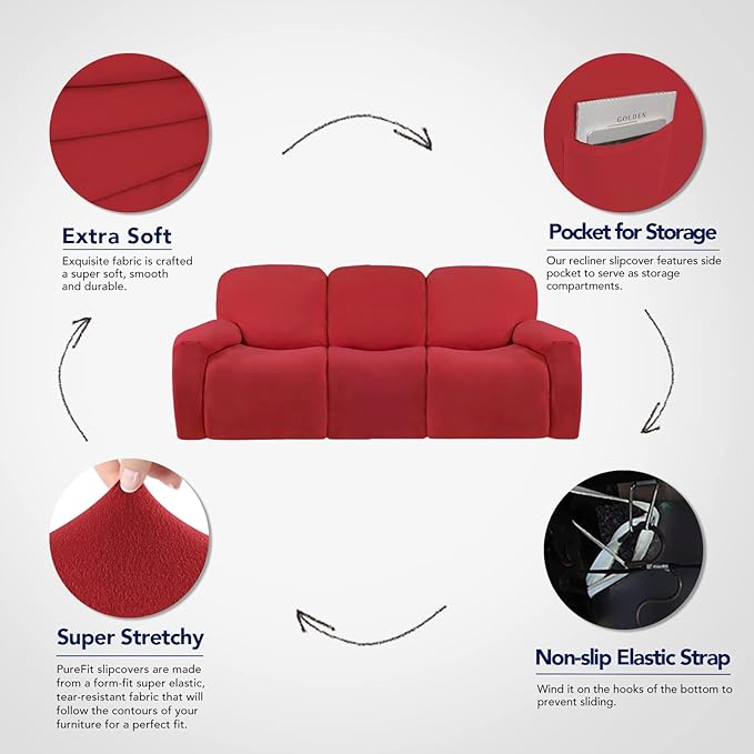 PureFit Super Stretch 3 Seats Recliner Sofa Couch Cover with Pocket – Non Slip Soft Sofa Slipcover, Washable Spandex Reclining Furniture Protector for Kids, Pets (Recliner Sofa, Red)