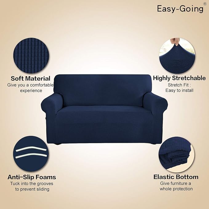 Easy-Going Stretch Loveseat Slipcover 1-Piece Sofa Cover Furniture Protector Couch Soft with Elastic Bottom for Kids Polyester Spandex Jacquard Fabric Small Checks (Loveseat, Navy)