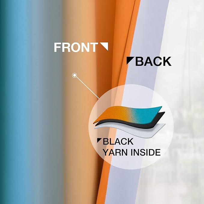 Yakamok Orange and Blue Blackout Curtains, Ombre Full Room Darkening Window Curtains for Living Room,Grommet Thermal Insulated Drapes,Light Blocking Curtains for Girls Bedroom,52x54 Inch, 2 Panels