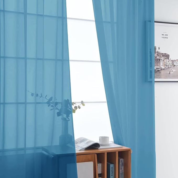 SpaceDresser Basic Rod Pocket Sheer Voile Window Curtain Panels Blue 1 Pair 2 Panels 52 Width 72 Inch Long for Kitchen Bedroom Children Living Room Yard（Blue, 52W x 72L）