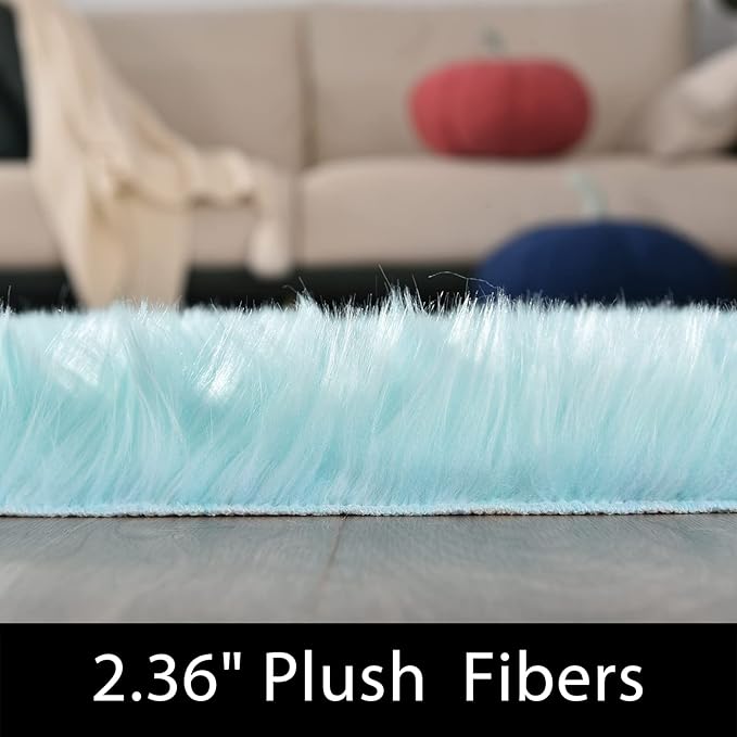 Latepis Blue Rugs for Bedroom Washable 3x5 Faux Sheepskin Fur Rug Fluffy Shaggy Rugs for Teen Room Décor Dorm Boho Bedroom Rug, Rectangle