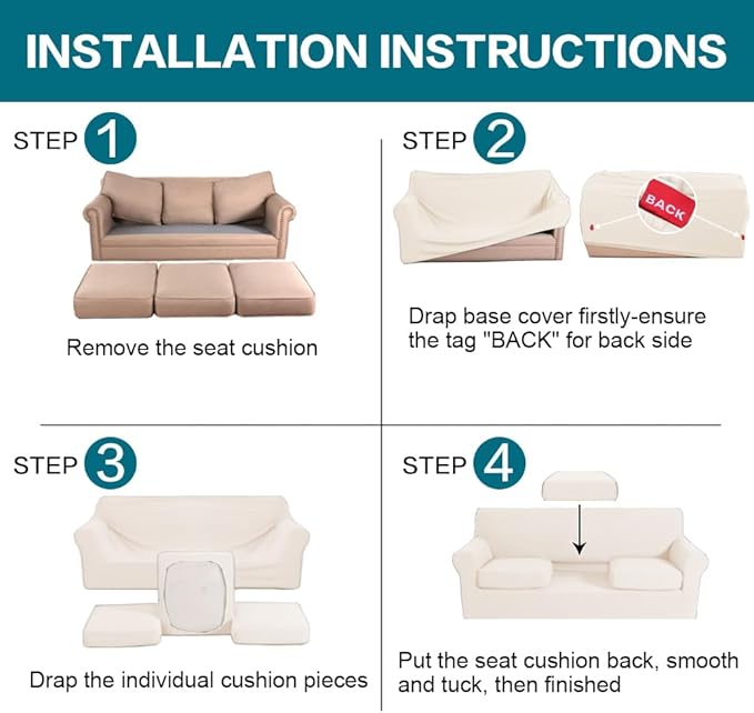 Turquoize 4 Piece Sofa Covers for 3 Cushion Couch Sofa Slipcover Soft Couch Cover for Dogs Washable Furniture Cover with 3 Individual Large Cushion Covers Feature Fabric (Large Sofa, Cream)