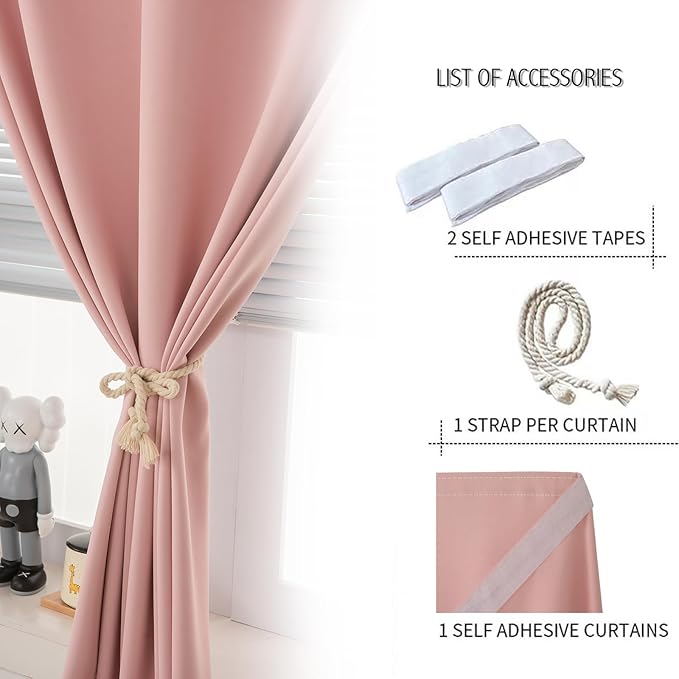 Self Adhesive Blackout Curtains- Stick on Curtains Shades Window Blinds Curtains No Rod Needed Easy to Hang Curtain, Use for Bedroom, Living Room,Roman Shades, 59" W X 71" L, Pink, 1 Panel