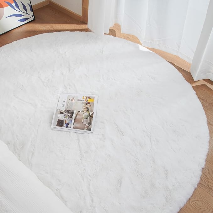 ORINOVA White Fluffy Round Rug 5ft for Bedroom Circle Faux Rabbit Washable Fur Area Rugs for Living Room Nursery Rug
