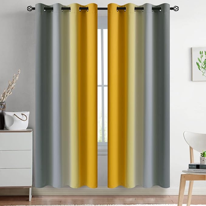 Yakamok Ombre Yellow and Grey Curtains for Bedroom, Gradient Room Darkening Curtains, Grommet Thermal Insulated Light Blocking Window Drapes/Curtain for Living Room,52 x 72 Inch,2 Panels