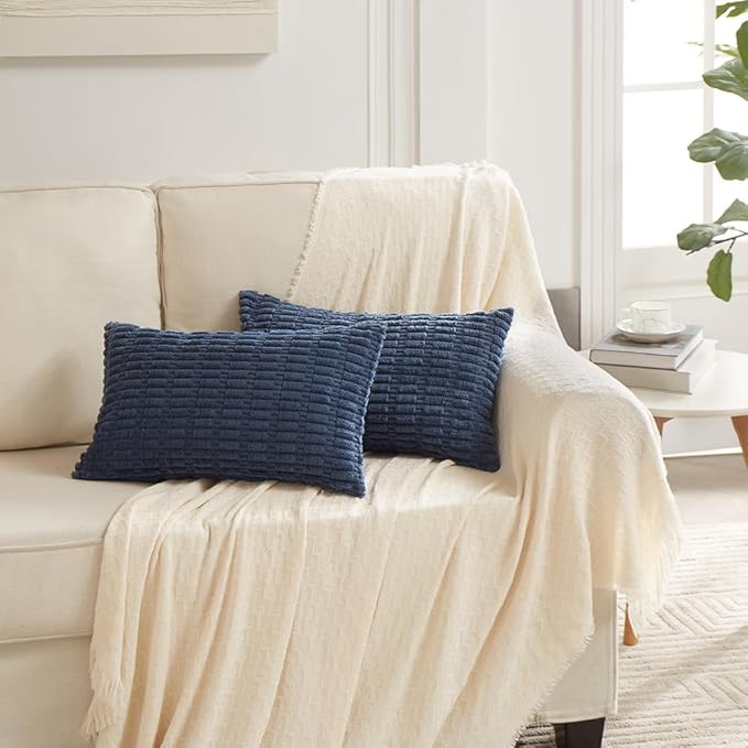 Fancy Homi 4 Packs Dusty Blue Decorative Throw Pillow Covers 14x24 Inch for Living Room Couch Bed Sofa, Rustic Farmhouse Boho Home Decor, Soft Plush Striped Corduroy Square Cushion Case 35x60 cm