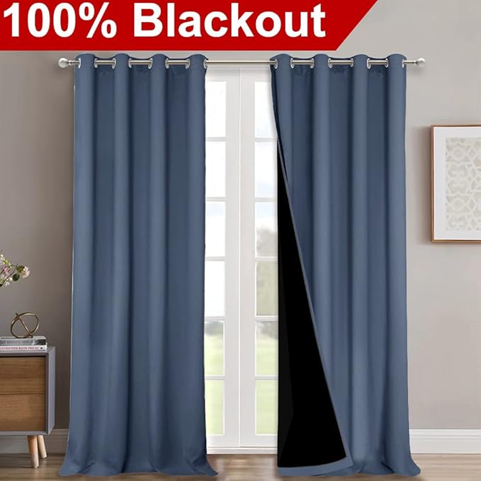 NICETOWN Room Warming Curtains, 100% Sun Blocking Curtains, Sound Proof Drapes with Black Backing, Full Light Blocking Panels for Patio Sliding Door (Stone Blue, 1 Pair, 52 inches x 108 inches)
