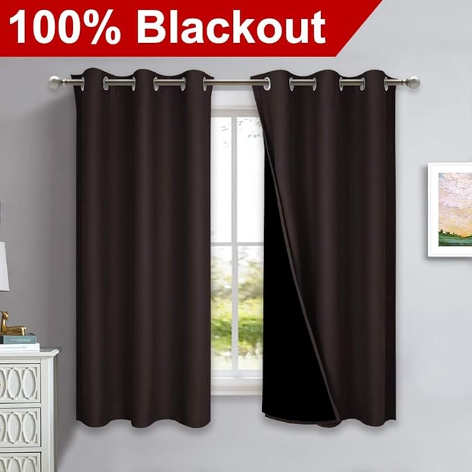 NICETOWN 100% Blackout Short Curtains with Black Liners, 2 Panels, 37" W by 63" L, Toffee Brown, Solid Thermal Insulated Full Blackout 2-Layer Lined Drapes, Energy Efficiency Window Drapes for Bedroom