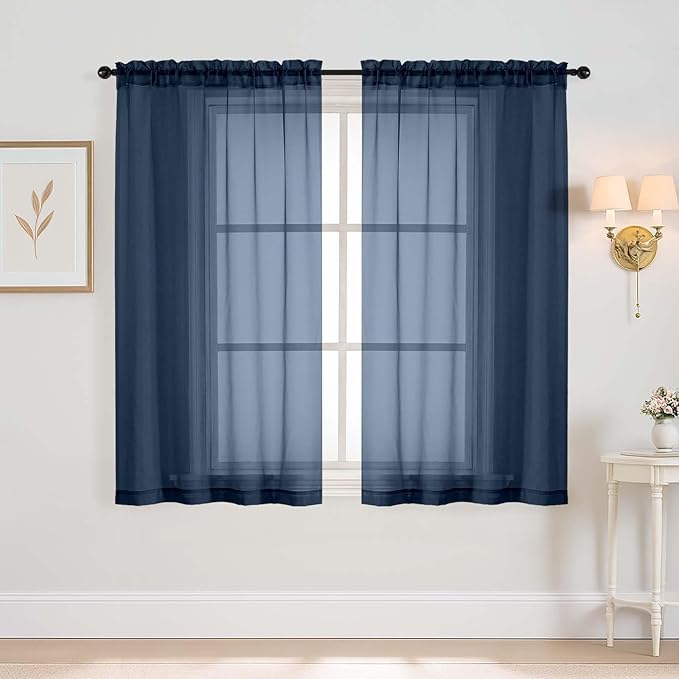 Navy Blue Window Sheer Curtains 54 inch Length, Soft Airy Light Filtering Sheer Curtain 2 Panels Set, Dual Rod Pocket Gauze Drapes for Living Room Bedroom, 2x42Wx54L Inches
