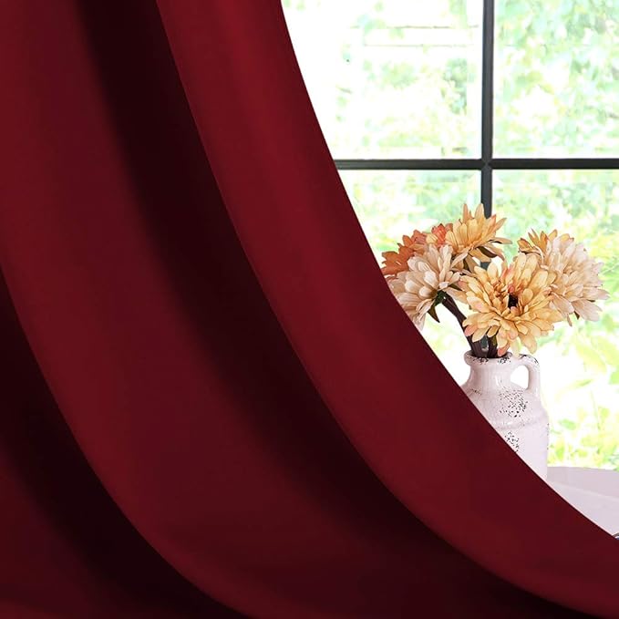 NICETOWN Christmas Burgundy Bedroom Curtains Blackout Draperies, Home Decorations Thermal Insulated Solid Grommet Top Blackout Drapes for Cafe (One Pair, 70 x 72-inch)