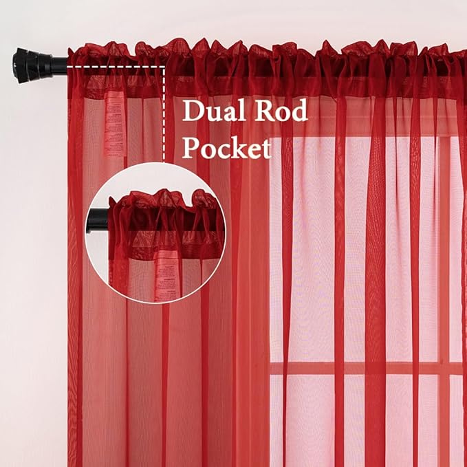 MIULEE 2 Panels Red Solid Color Sheer Christmas Window Curtains Elegant Window Voile Panels/Drapes/Treatment for Bedroom Living Room (54X45 Inches)