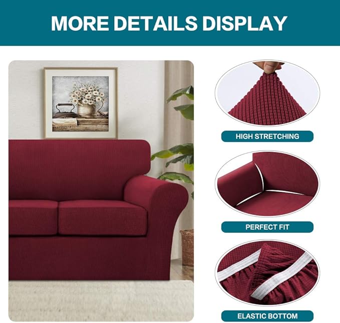 Turquoize 4 Piece Sofa Covers For 3 Cushion Couch Sofa Slipcover Soft Couch Cover For Dogs-Washable Sofa Furniture Covers With 3 Individual Large Cushion Covers Feature Thick Fabric(XL Sofa, Burgundy)
