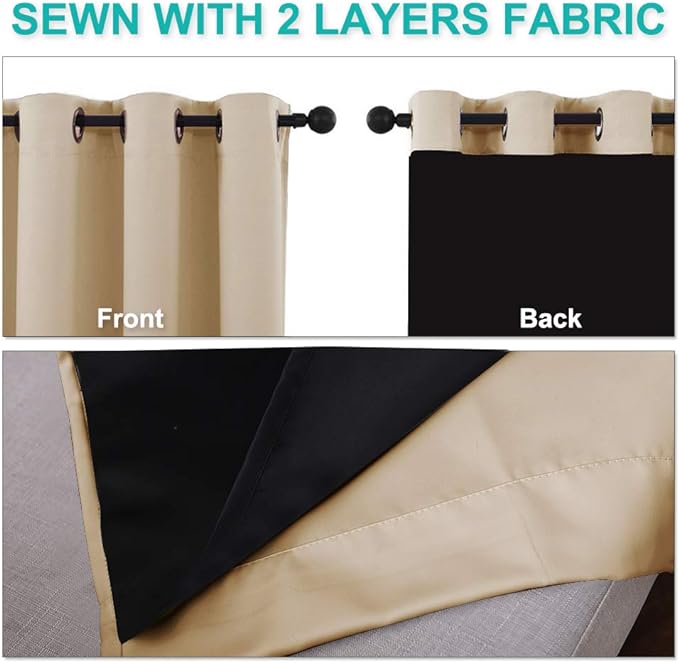 NICETOWN Living Room Completely Shaded Draperies, Privacy Protection & Noise Reducing Ring Top Drapes, Black Lined Insulated Window Treatment Curtain Panels(Biscotti Beige, 2 Pieces, W55 x L78)
