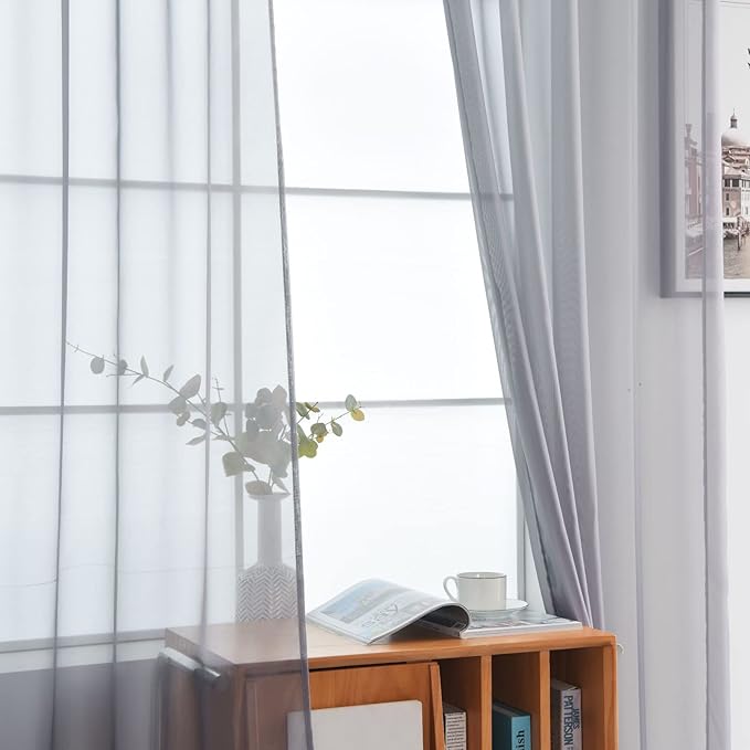 SpaceDresser Sheer Voile Window Treatment Rod Pocket Curtain Panels for Kitchen Bedroom Living Room Drapes Sunlight Filtering Privacy Semi Home Decor Assorted Colors Sizes (Grey, 52 W x 90 L)