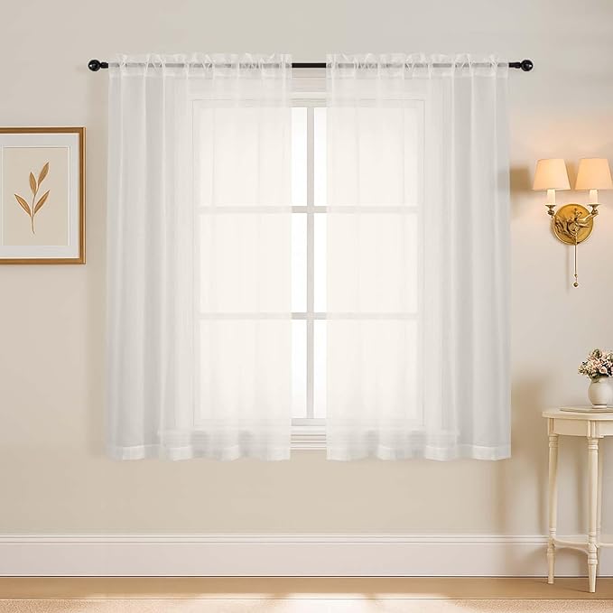 Ivory Window Sheer Curtains 45 Inches Length, Voile Short Curtains for Living Room Bedroom, Modern Soft Window Drapes 2 Panels Set, Top Dual Rod Pocket Design, 2x42Wx45L Inches