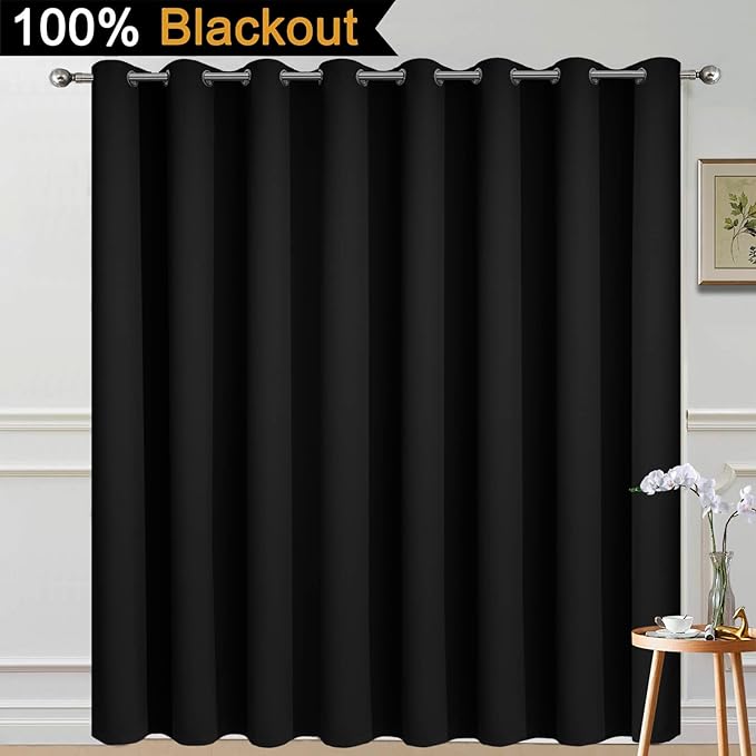 Yakamok 100% Blackout Thermal Insulated Sliding Door Curtains, Noise Reducing Sliding Glass Doors, Patio Door Drapery Room Divider Curtains, Black, W100 x L96, 1 Panel