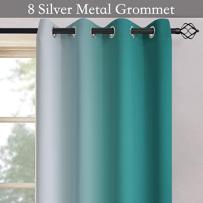 SimpleHome Ombre Room Darkening Curtains for Living Room, Light Blocking Gradient Teal to Greyish White Thermal Insulated Grommet Window Curtains/Drapes for Bedroom, 2 Panels, 52x84 inches Length