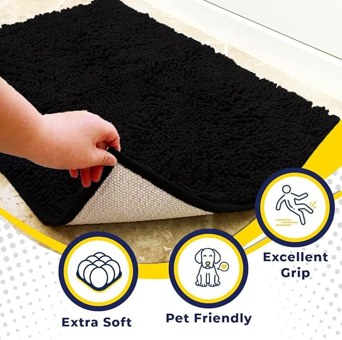 Muddy Mat® | Super Absorbent Door Mat Indoor, Microfiber Quick Dry Chenille Entryway Rug, Non-Slip Front Door Mat, Indoor Mats for Entryway, Machine Washable Pet Rug, Black 24"x120"