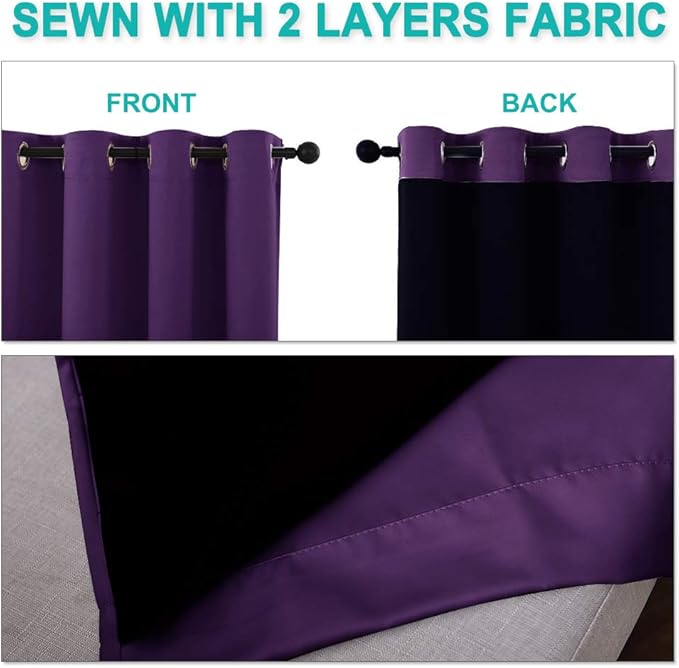 NICETOWN Room Warming Blackout Curtains 80 inches Long, Royal Purple, 2 Pieces, 42" Wide Each Panel, Full Light Blocking Drapes with Black Liner for Nursery, Thermal Insulated Drapes for Hall, Villa