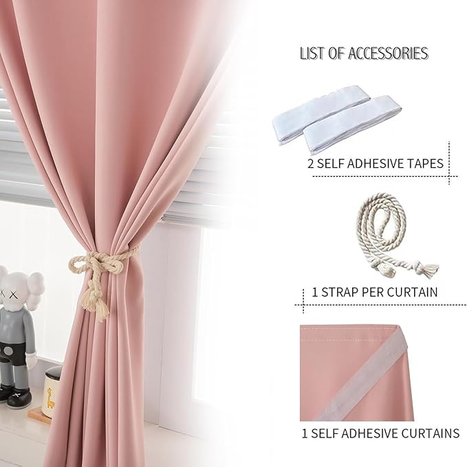 Self Adhesive Curtains, Stick Curtain Blackout Shades Window Cover Curtains for Living Room No Drilling, 47" W X 96" L, Pink, 1 Panel