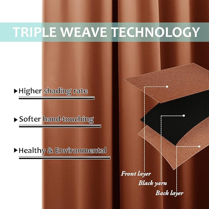 NICETOWN Burnt Orange 100% Blackout Lined Curtains, 2 Thick Layers Completely Blackout Window Treatment Thermal Insulated Drapes for Kitchen/Bedroom (1 Pair, 70" Width x 63" Length Each Panel)