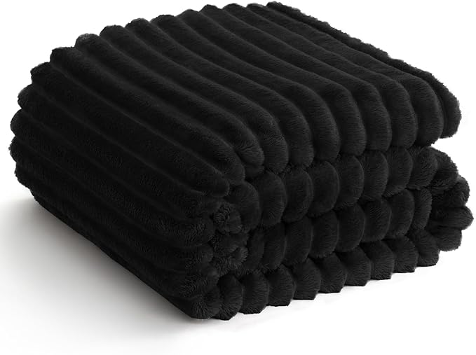 HIMEET Black Ribbed Twin Blanket for Bed - 300GSM Lightweight Soft Fleece Blanket for Men Women, Cozy Blankets Graduation Birthday Gifts, Striped Spring Home School Dorm Decor, Black, 60x80 Inches