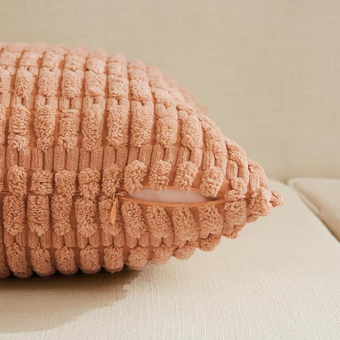Fancy Homi 4 Packs Peach Decorative Throw Pillow Covers 18x18 Inch for Living Room Couch Bed, Rustic Modern Farmhouse Boho Home Decor, Soft Plush Corduroy Cute Accent Square Cushion Case 45x45 cm