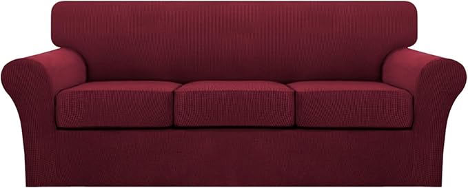 Turquoize 4 Piece Sofa Covers for 3 Cushion Couch Sofa Slipcover Soft Couch Cover for Dogs Washable Furniture Cover with 3 Individual Large Cushion Covers Feature Fabric (Large Sofa, Burgundy)