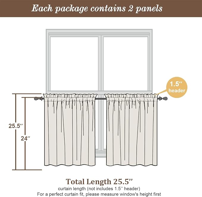 Chyhomenyc Mustard Yellow Short Sheer Curtains 24 inch Length, Light Filtering Half Window Curtians for Kitchen, Elegant Small Curtain for Basement Bathroom Cabinet, 42Wx24L inches, 2 Panels