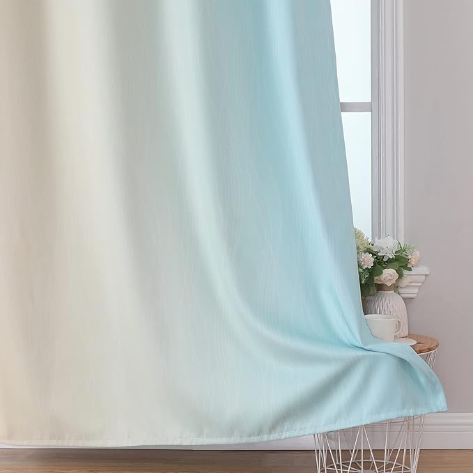 Estelar Textiler Aqua and Beige Ombre Blackout Curtains 45 Inch Length, Light Blocking Gradient Drapes for Kitchen, Thermal Insulated Grommet Curtains for Bathroom,52Wx45L,2 Panels