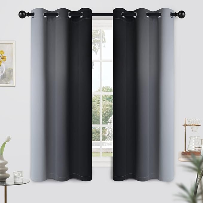 Yakamok Light Blocking Ombre Curtains, Greyish White and Black Gradient Color Curtains, Room Darkening Grommet Window Drapes for Bedroom(Black, 42x63 Inch, 2 Panels)