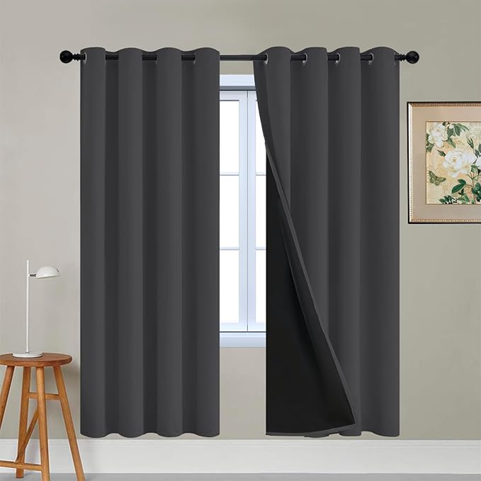 Yakamok 100% Blackout Curtains, 2 Thick Layers Thermal Insulated Total Blackout Drapes for Bedroom, Heat Blocking Window Curtains for Living Room(Charcoal Grey, 52Wx72L, 2 Panels)