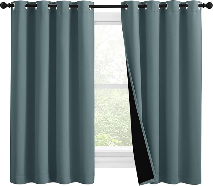 NICETOWN 100% Blackout Curtains 57 inches Long, Double-Deck Completely Blackout Window Treatment Thermal Insulated Lined Drapes for Small Window (Greyish Blue, 1 Pair, 55 inches Width Each Panel)