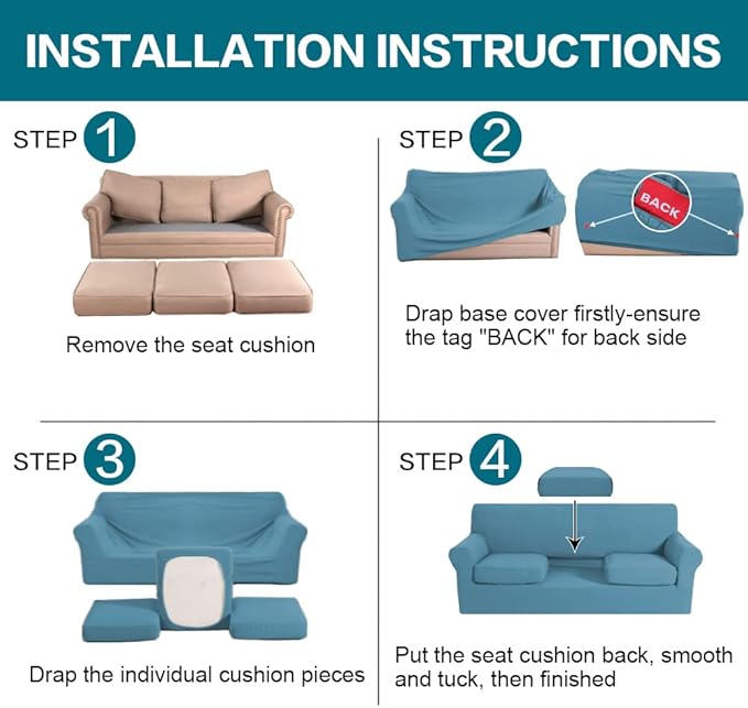 Turquoize 4 Piece Sofa Covers for 3 Cushion Couch Sofa Slipcover Soft Couch Cover for Dogs-Washable Sofa Furniture Covers with 3 Individual Large Cushion Covers, Feature Fabric (XL Sofa, Storm Blue)