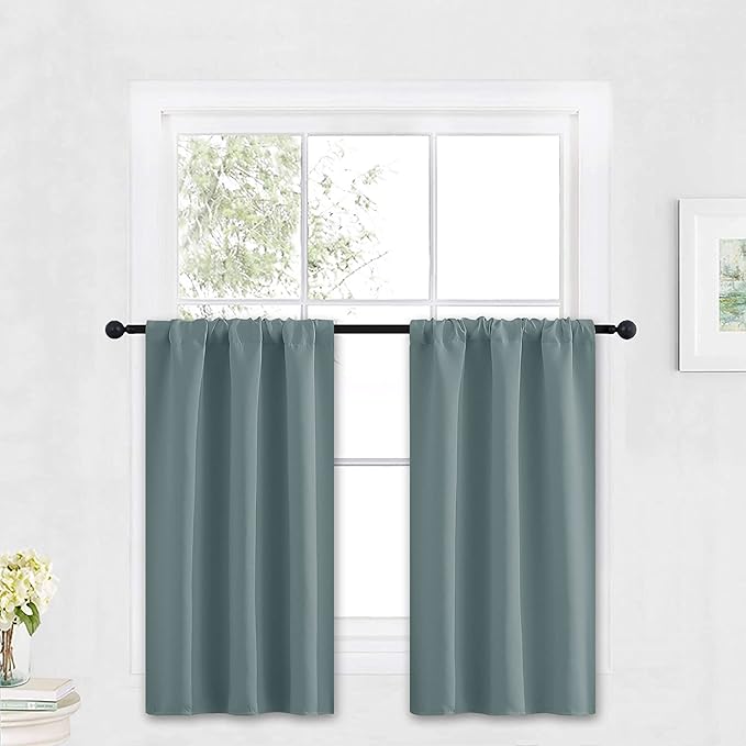 RYB HOME Kitchen Blackout Curtains Over Sink 36 inch Length, Rod Pocket Summer Light UV Blocking Energy Efficient, Cabinet Shelf Cupboard Coverings, Width 29 by Length 36, Dusty Blue, 2 Panels